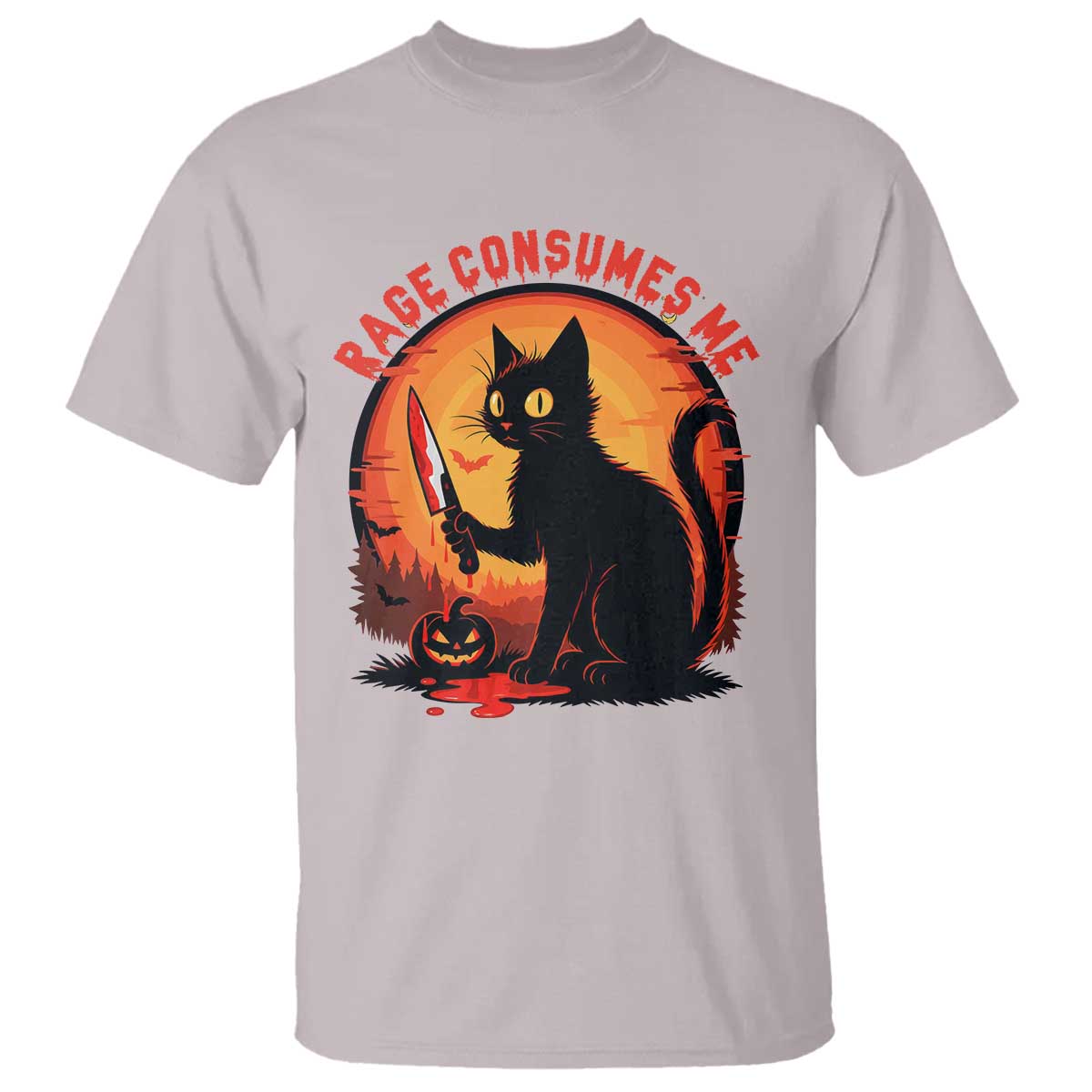 Funny Black Cat Halloween Funny Black Cat Murderous Cat With Knife T Shirt Rage Is Consuming Me TS14 Ice Gray Print Your Wear