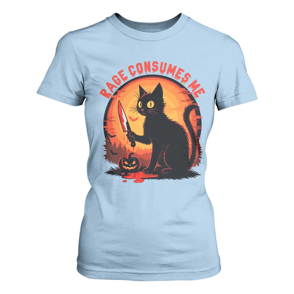 Funny Black Cat Halloween Funny Black Cat Murderous Cat With Knife T Shirt For Women Rage Is Consuming Me TS14 Light Blue Print Your Wear