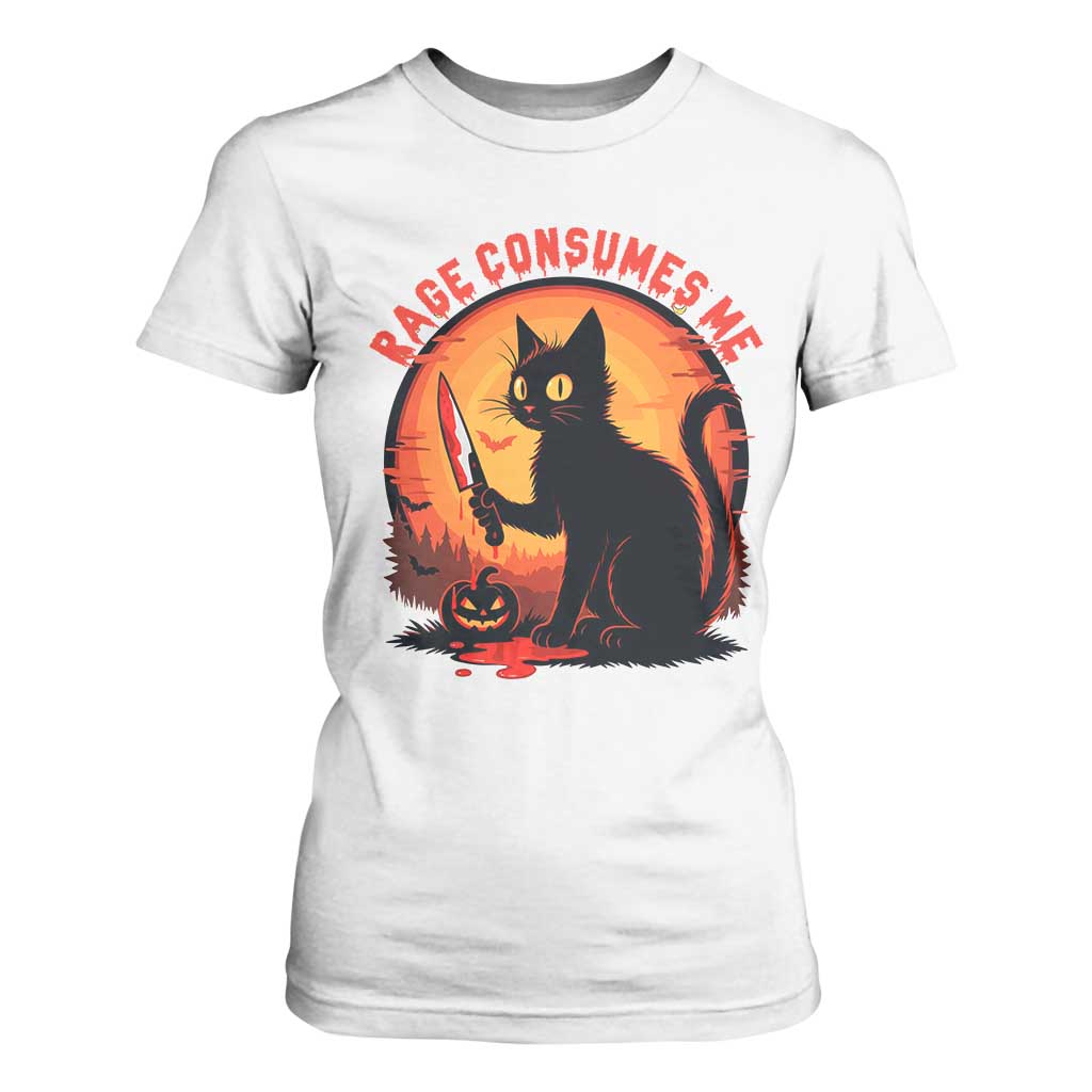 Funny Black Cat Halloween Funny Black Cat Murderous Cat With Knife T Shirt For Women Rage Is Consuming Me TS14 White Print Your Wear
