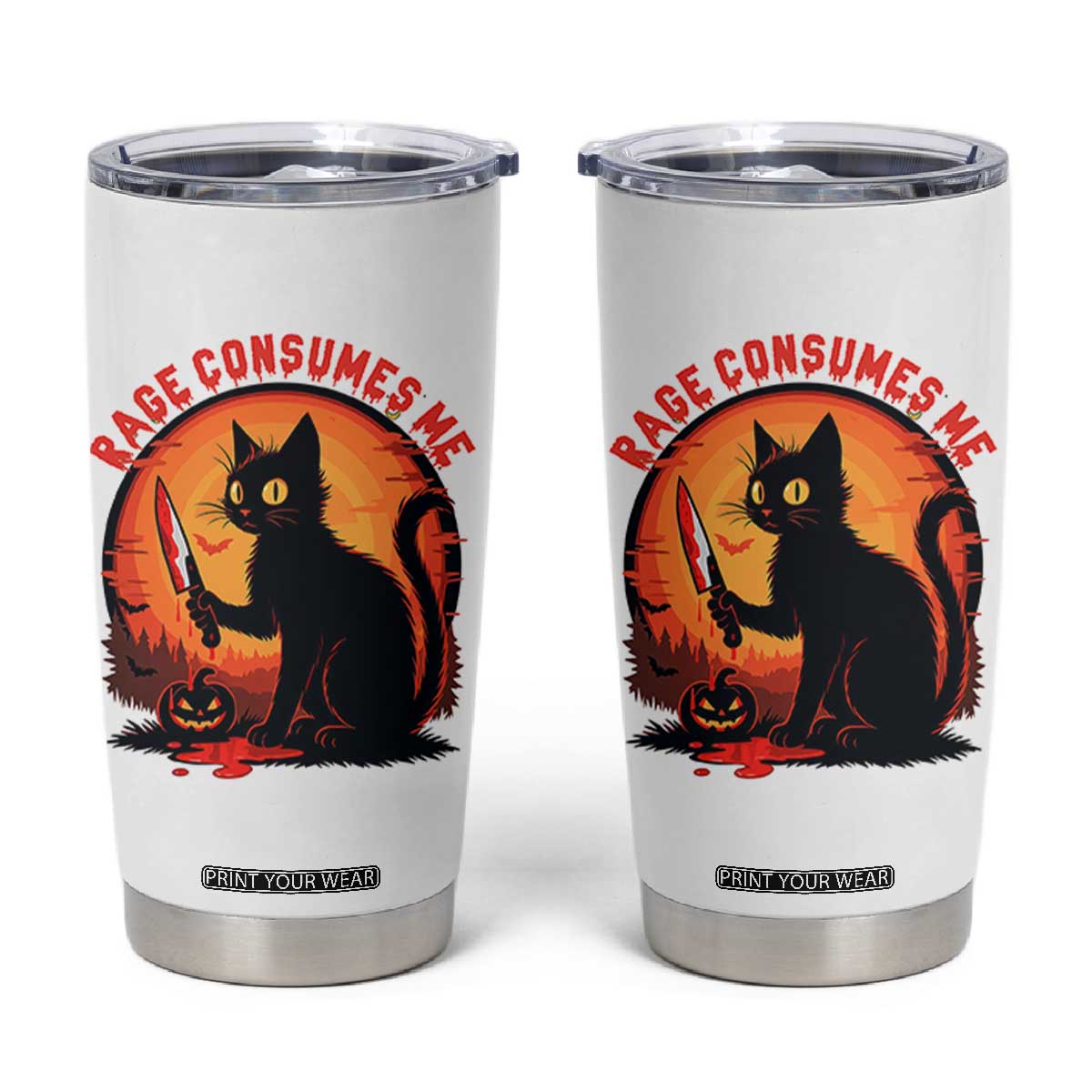 Funny Black Cat Halloween Funny Black Cat Murderous Cat With Knife Tumbler Cup Rage Is Consuming Me TS14 White Print Your Wear