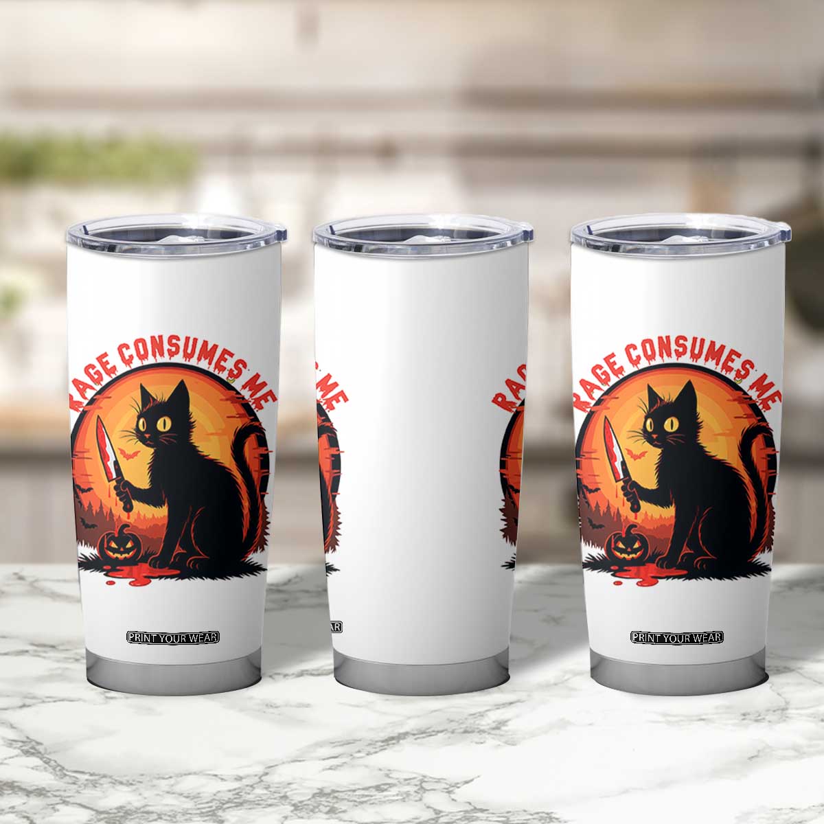 Funny Black Cat Halloween Funny Black Cat Murderous Cat With Knife Tumbler Cup Rage Is Consuming Me TS14 Print Your Wear