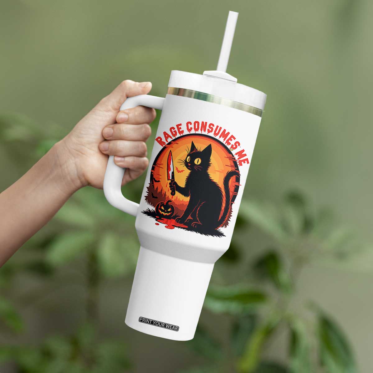 Funny Black Cat Halloween Funny Black Cat Murderous Cat With Knife Tumbler With Handle Rage Is Consuming Me TS14 Print Your Wear