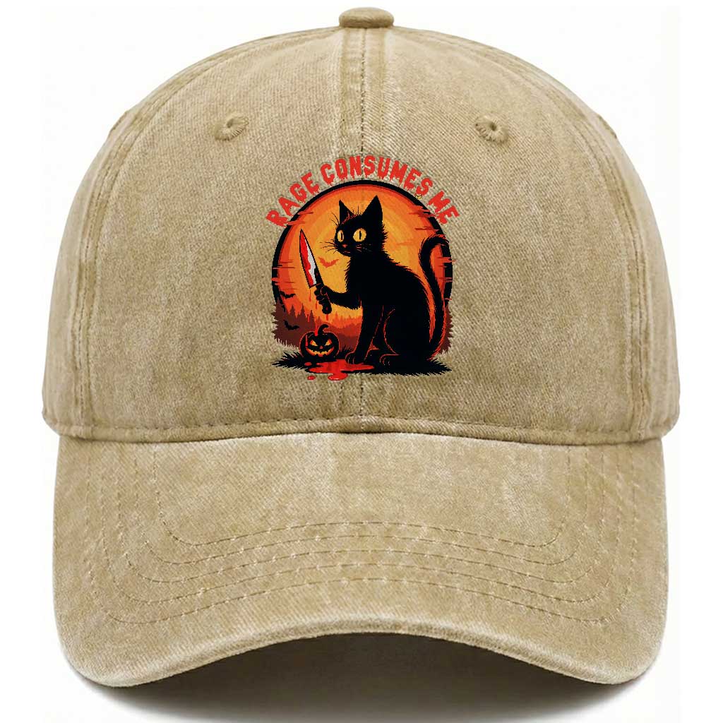 Funny Black Cat Halloween Funny Black Cat Murderous Cat With Knife Washed Cotton Baseball Cap Rage Is Consuming Me TS14 Washed Cap Universal Fit Khaki Print Your Wear