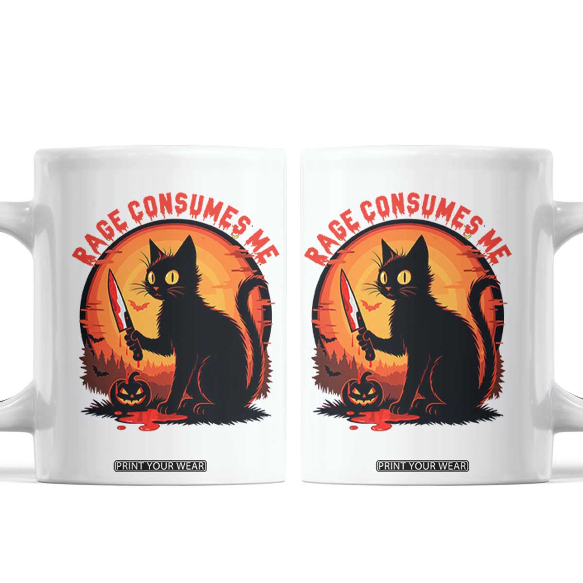 Funny Black Cat Halloween Funny Black Cat Murderous Cat With Knife Coffee Mug Rage Is Consuming Me TS14 White Print Your Wear