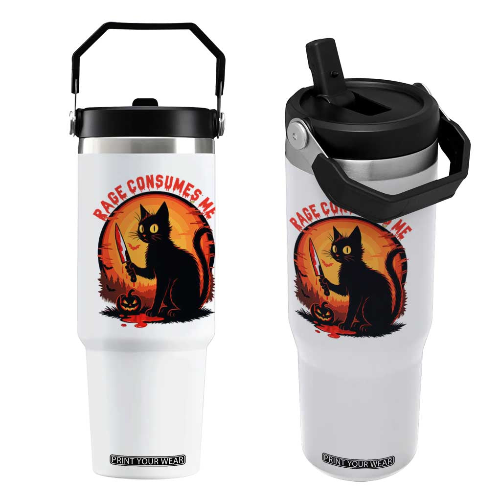 Funny Black Cat Halloween Funny Black Cat Murderous Cat With Knife Flip Straw Tumbler Rage Is Consuming Me TS14 One Size: 30 oz White Print Your Wear