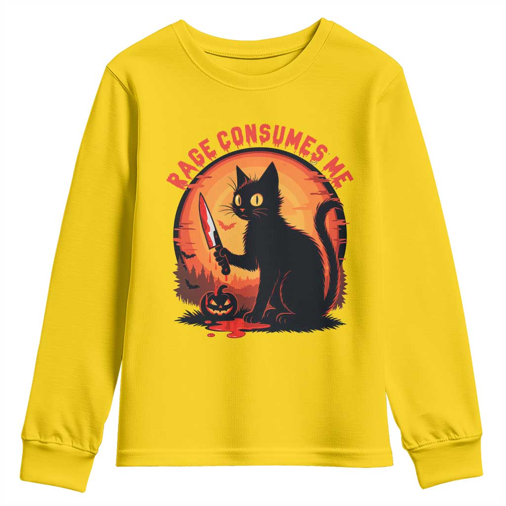 Funny Black Cat Halloween Funny Black Cat Murderous Cat With Knife Youth Sweatshirt Rage Is Consuming Me TS14 Daisy Print Your Wear