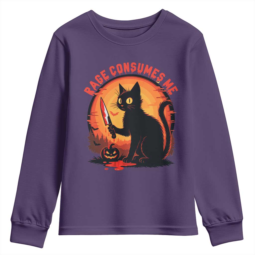 Funny Black Cat Halloween Funny Black Cat Murderous Cat With Knife Youth Sweatshirt Rage Is Consuming Me TS14 Purple Print Your Wear