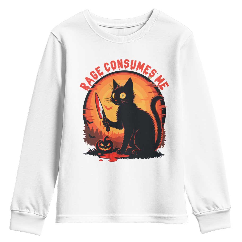 Funny Black Cat Halloween Funny Black Cat Murderous Cat With Knife Youth Sweatshirt Rage Is Consuming Me TS14 White Print Your Wear