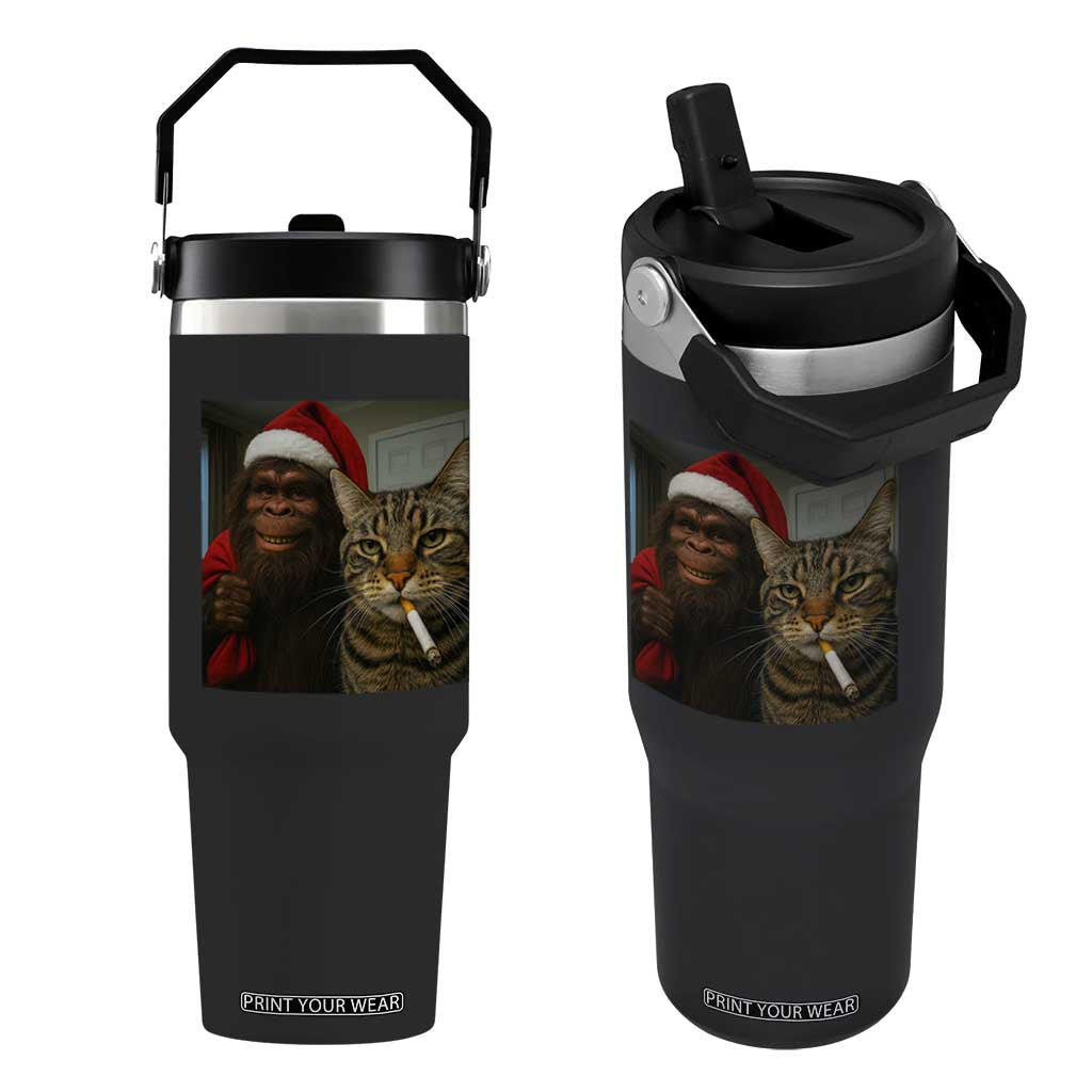 Funny Cat Selfie Bigfoot Christmas Sasquatch Flip Straw Tumbler TS14 One Size: 30 oz Black Print Your Wear