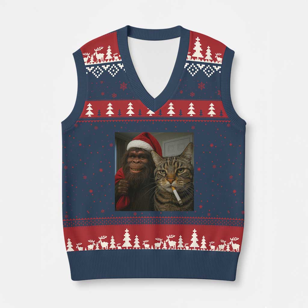 Funny Cat Selfie Bigfoot Xmas Sasquatch V-Neck Knit Sweater Vest TS14 Navy Red Print Your Wear