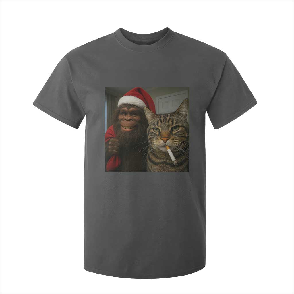 Funny Cat Selfie Bigfoot Christmas Sasquatch T Shirt For Kid TS14 Dark Heather Print Your Wear
