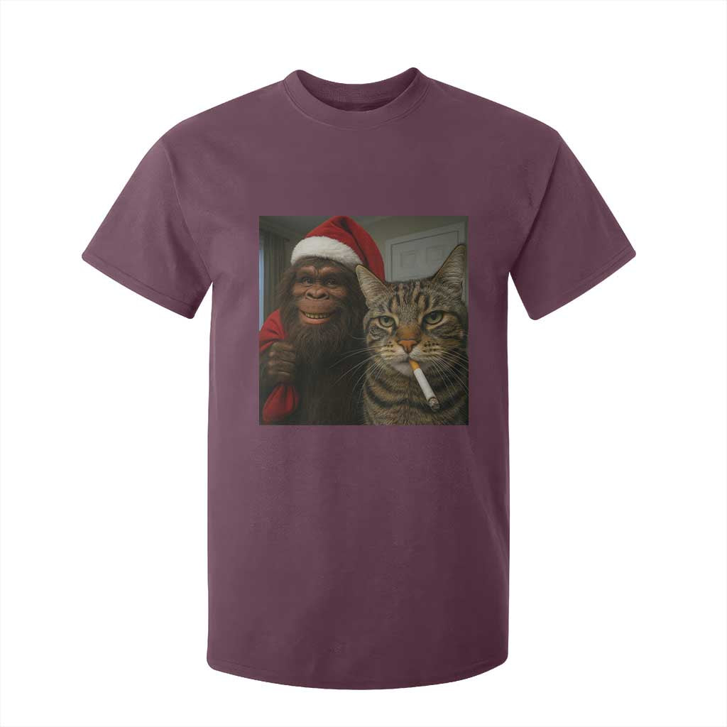 Funny Cat Selfie Bigfoot Christmas Sasquatch T Shirt For Kid TS14 Maroon Print Your Wear