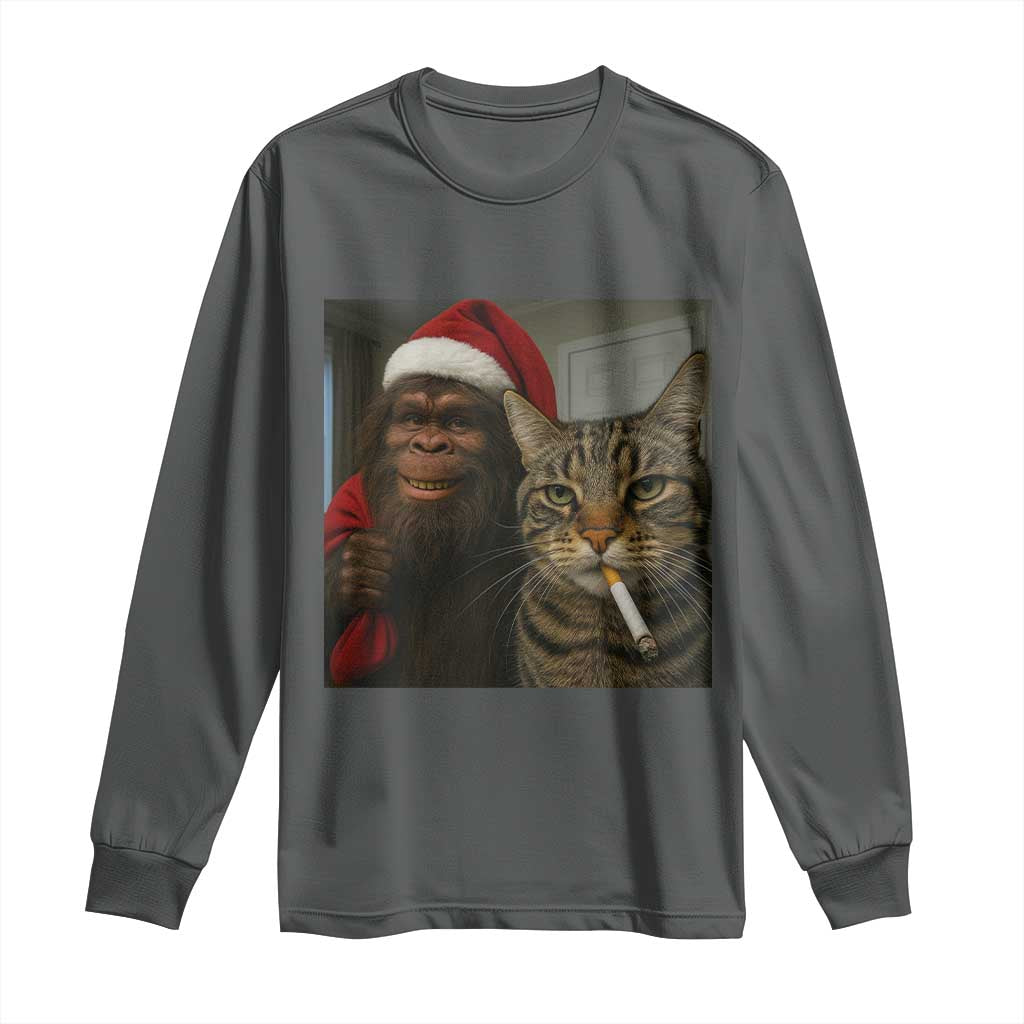 Funny Cat Selfie Bigfoot Christmas Sasquatch Long Sleeve Shirt TS14 Dark Heather Print Your Wear