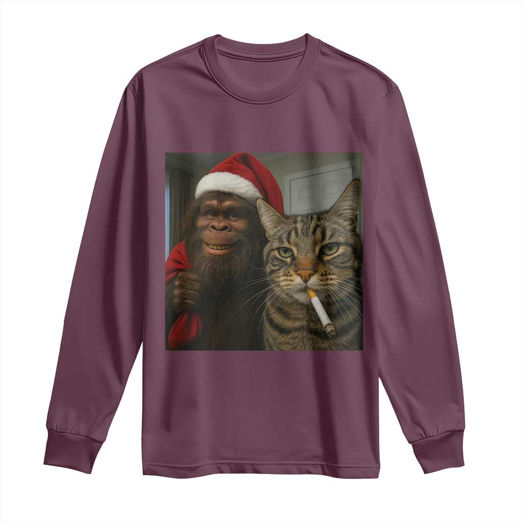Funny Cat Selfie Bigfoot Christmas Sasquatch Long Sleeve Shirt TS14 Maroon Print Your Wear