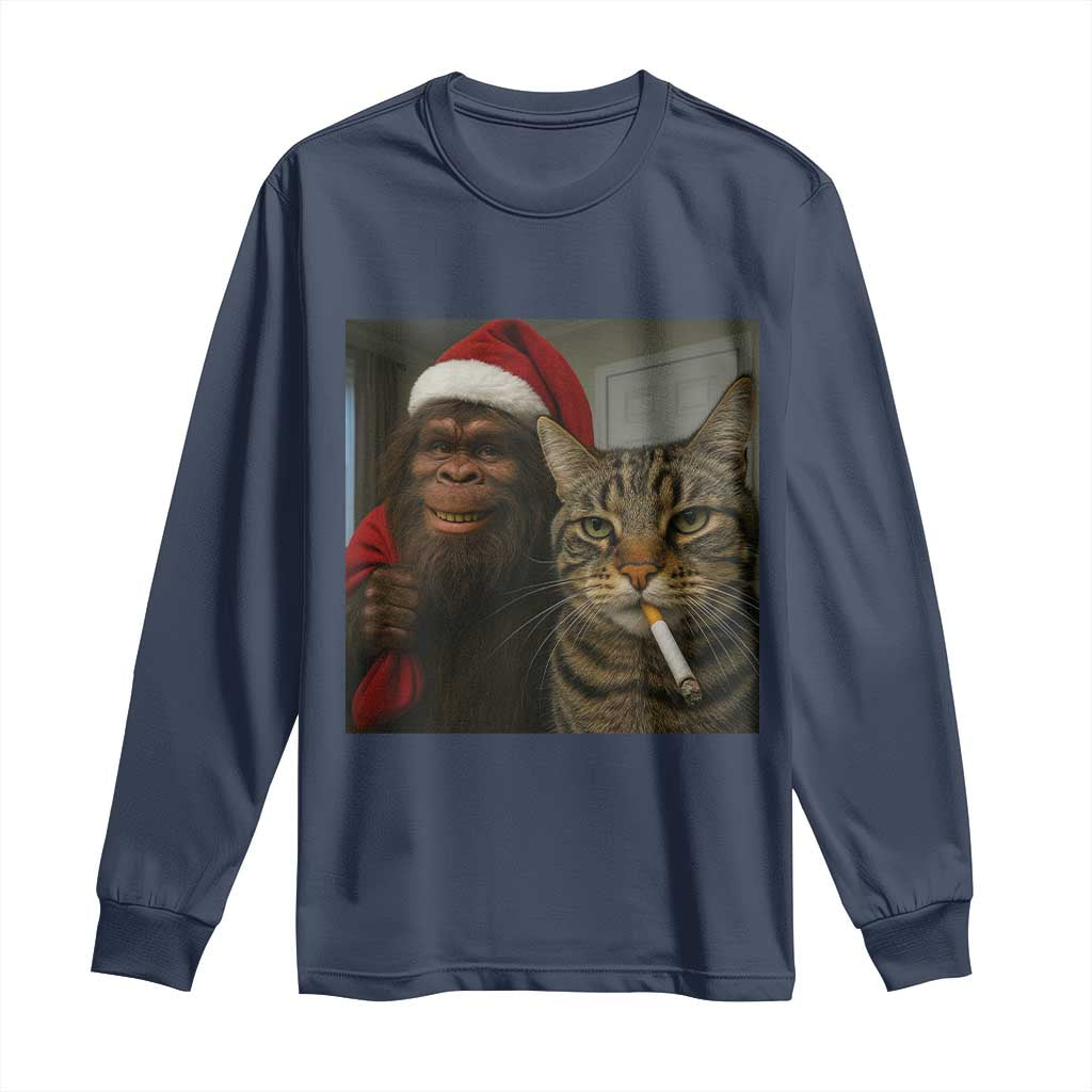 Funny Cat Selfie Bigfoot Christmas Sasquatch Long Sleeve Shirt TS14 Navy Print Your Wear
