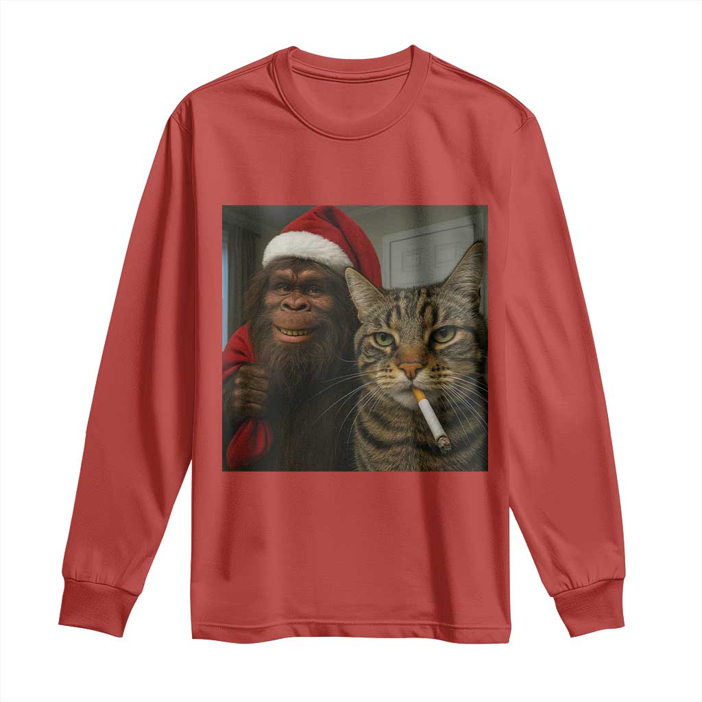 Funny Cat Selfie Bigfoot Christmas Sasquatch Long Sleeve Shirt TS14 Red Print Your Wear