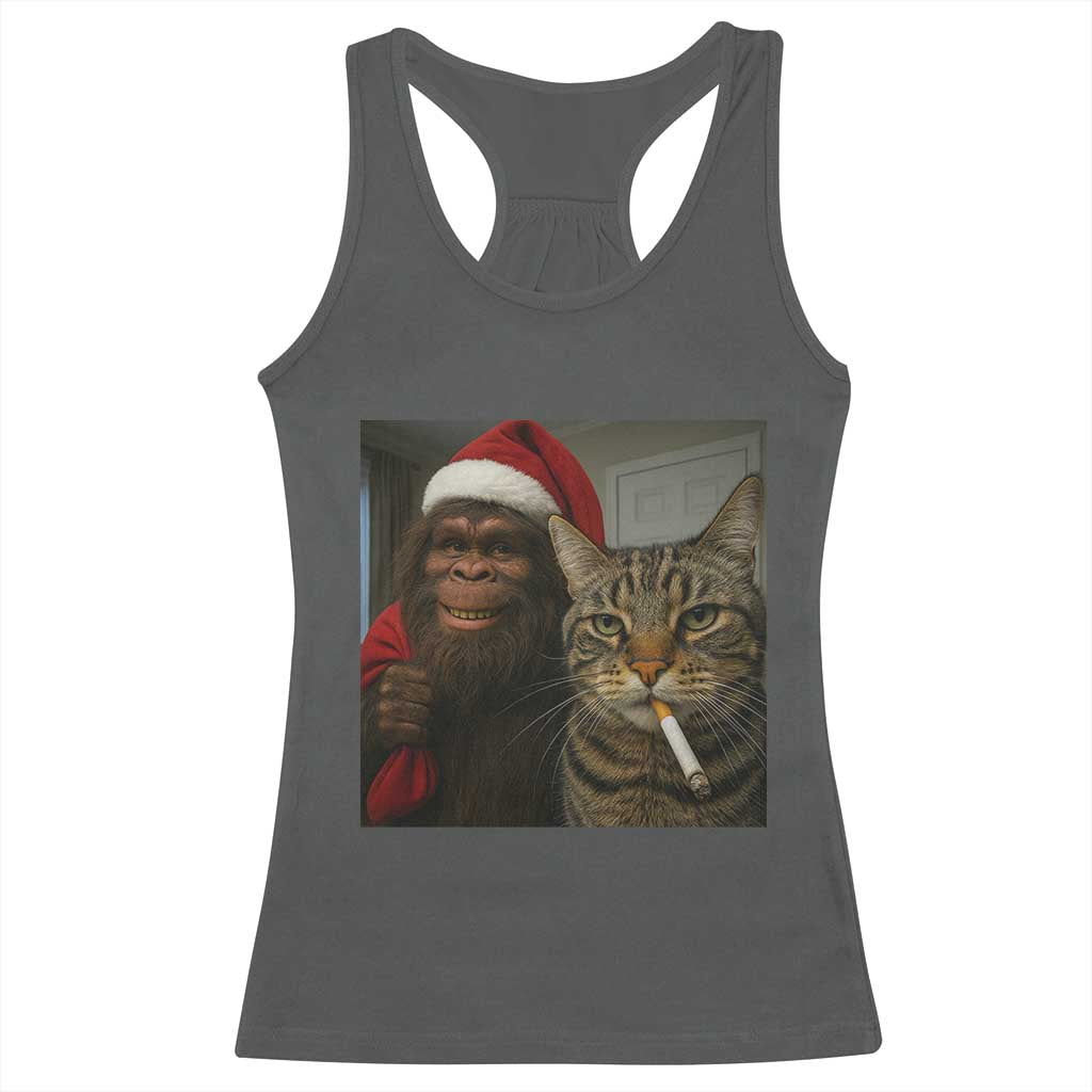 Funny Cat Selfie Bigfoot Christmas Sasquatch Racerback Tank Top TS14 Dark Heather Print Your Wear