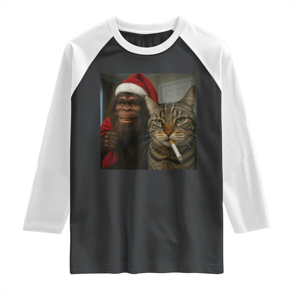 Funny Cat Selfie Bigfoot Christmas Sasquatch Raglan Shirt TS14 Black White Print Your Wear
