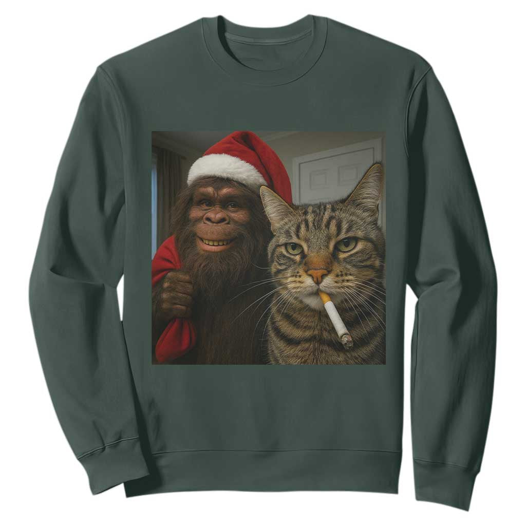 Funny Cat Selfie Bigfoot Christmas Sasquatch Sweatshirt TS14 Dark Forest Green Print Your Wear