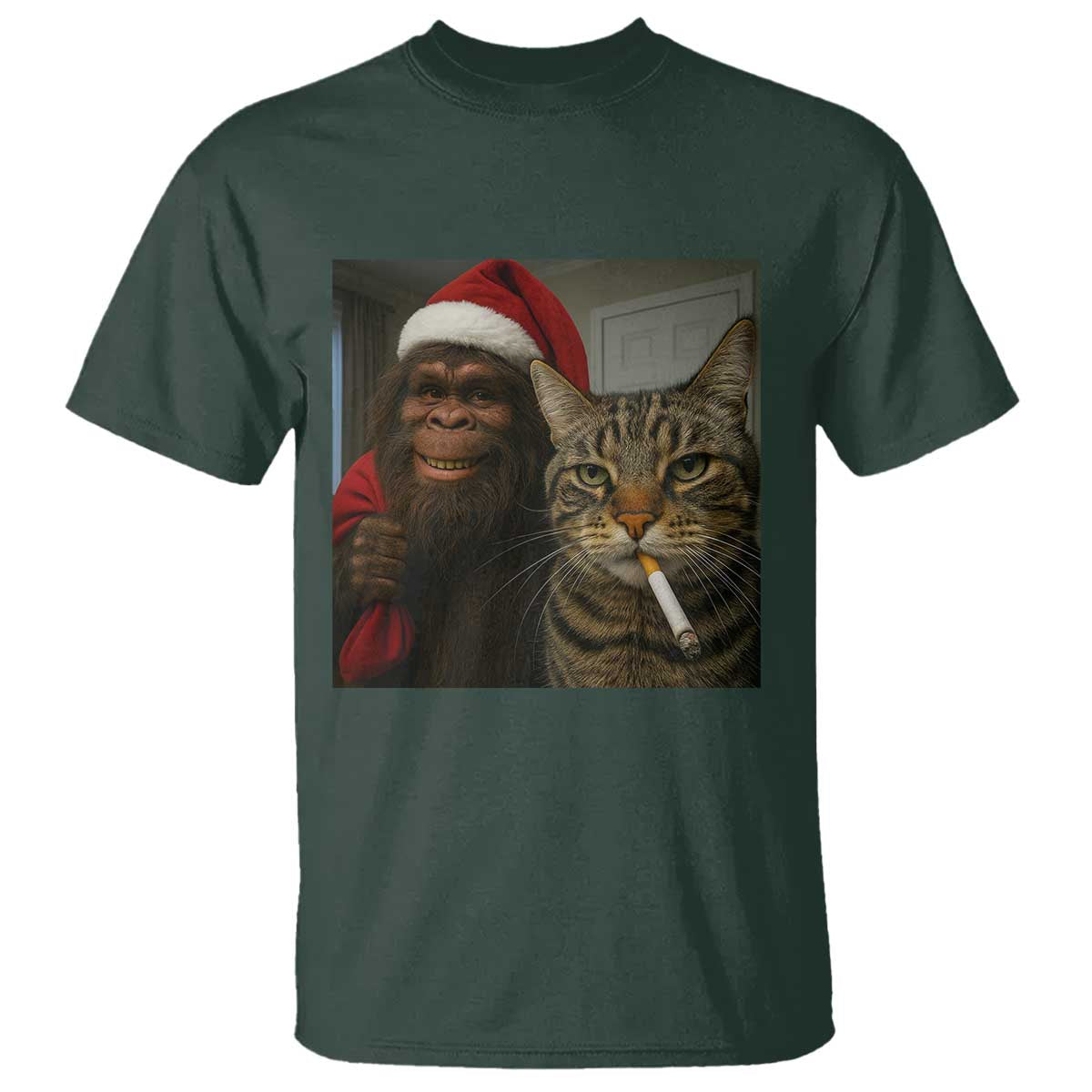 Funny Cat Selfie Bigfoot Christmas Sasquatch T Shirt TS14 Dark Forest Green Print Your Wear