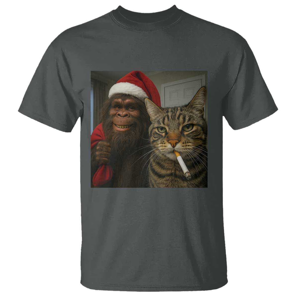 Funny Cat Selfie Bigfoot Christmas Sasquatch T Shirt TS14 Dark Heather Print Your Wear
