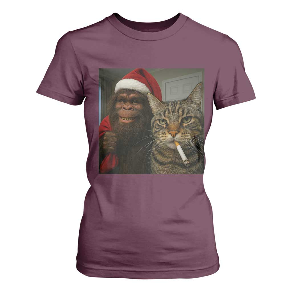 Funny Cat Selfie Bigfoot Christmas Sasquatch T Shirt For Women TS14 Maroon Print Your Wear