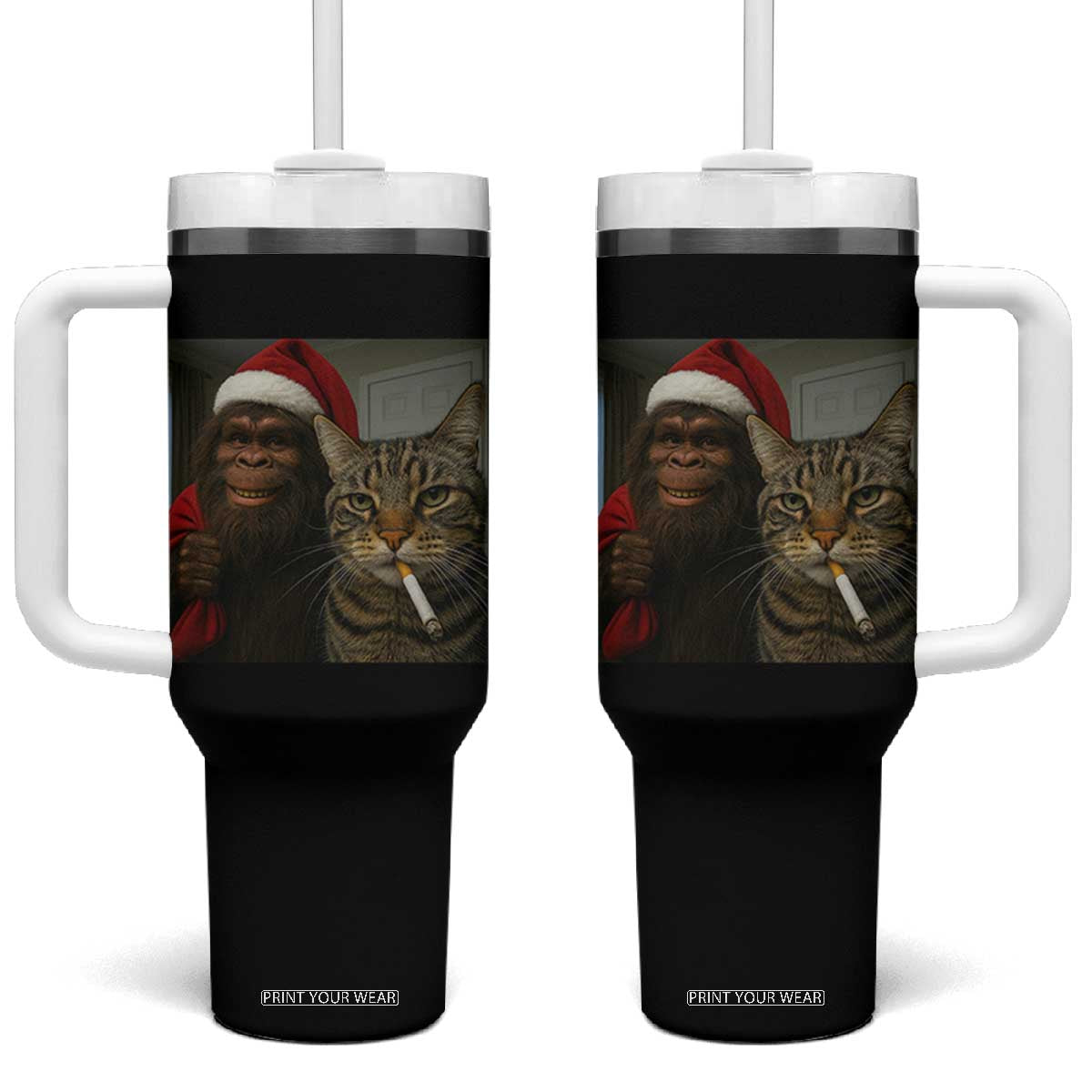 Funny Cat Selfie Bigfoot Christmas Sasquatch Tumbler With Handle TS14 One Size: 40 oz Black Print Your Wear