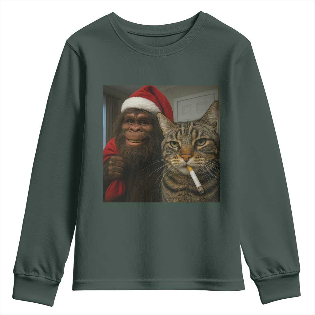 Funny Cat Selfie Bigfoot Christmas Sasquatch Youth Sweatshirt TS14 Dark Forest Green Print Your Wear