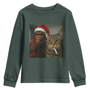 Funny Cat Selfie Bigfoot Christmas Sasquatch Youth Sweatshirt TS14 Dark Forest Green Print Your Wear
