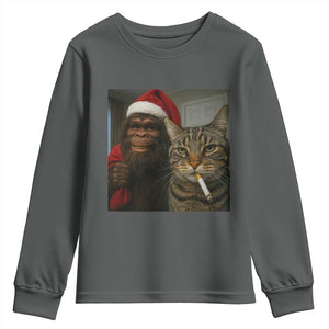 Funny Cat Selfie Bigfoot Christmas Sasquatch Youth Sweatshirt TS14 Dark Heather Print Your Wear