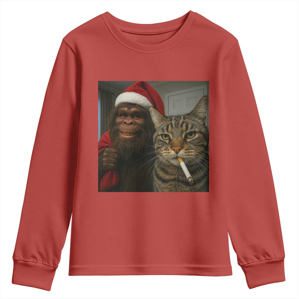 Funny Cat Selfie Bigfoot Christmas Sasquatch Youth Sweatshirt TS14 Red Print Your Wear