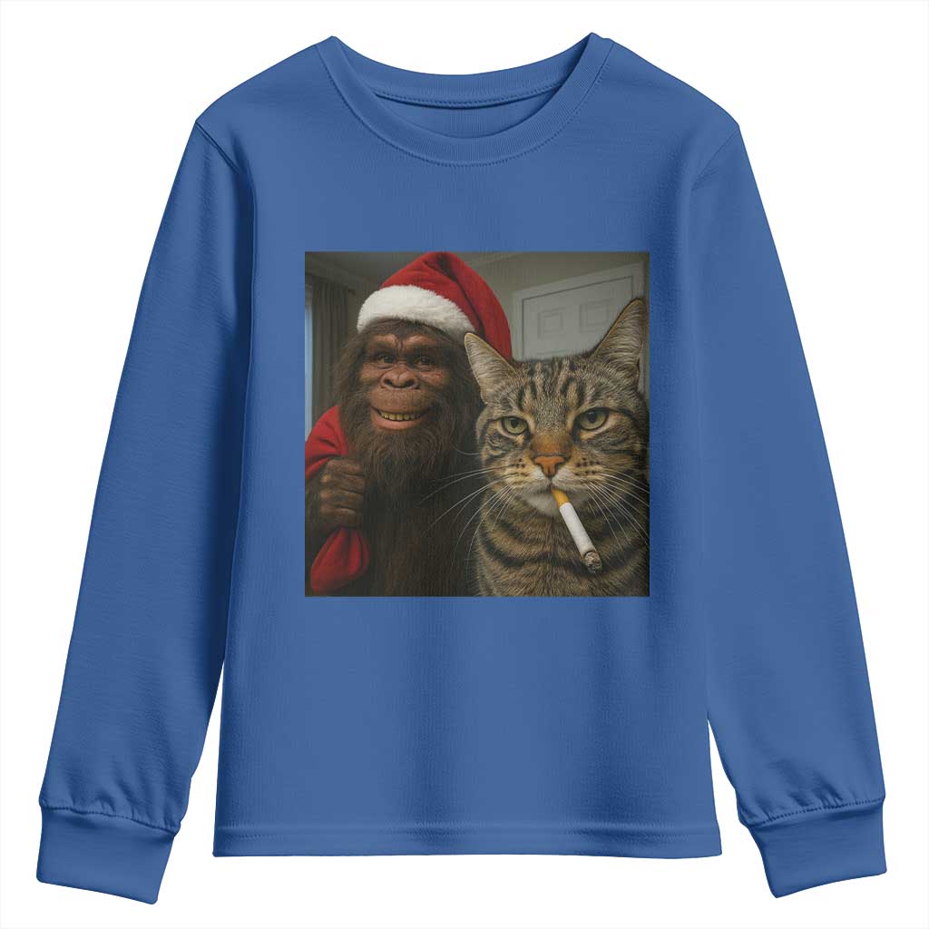 Funny Cat Selfie Bigfoot Christmas Sasquatch Youth Sweatshirt TS14 Royal Blue Print Your Wear