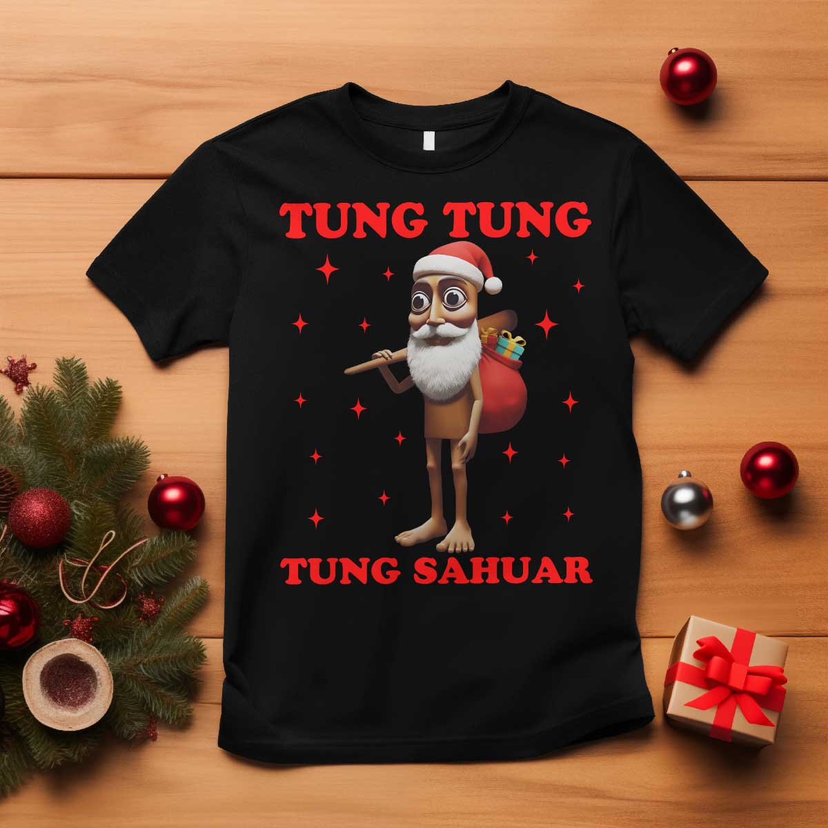 Funny Italian Brainrot Christmas T Shirt Tung Tung Tung Sahur Meme TS14 Black Print Your Wear