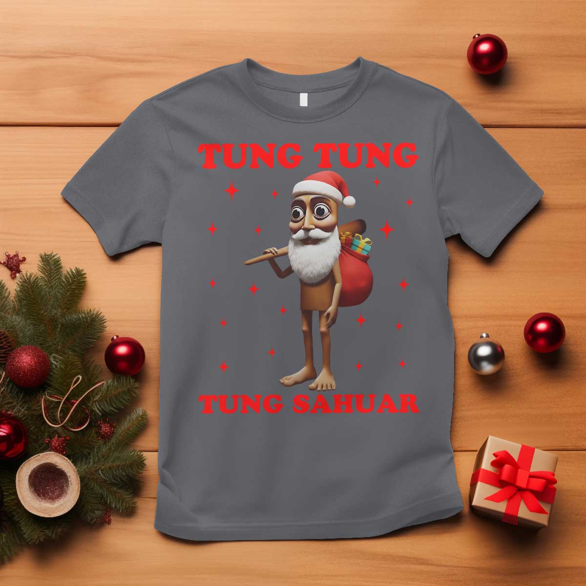 Funny Italian Brainrot Christmas T Shirt Tung Tung Tung Sahur Meme TS14 Charcoal Print Your Wear