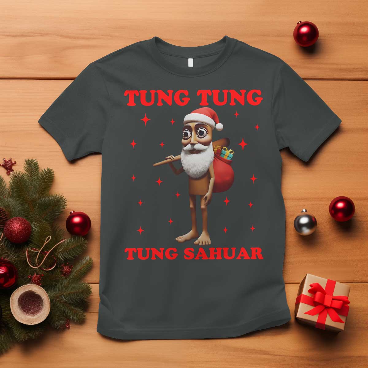 Funny Italian Brainrot Christmas T Shirt Tung Tung Tung Sahur Meme TS14 Dark Heather Print Your Wear