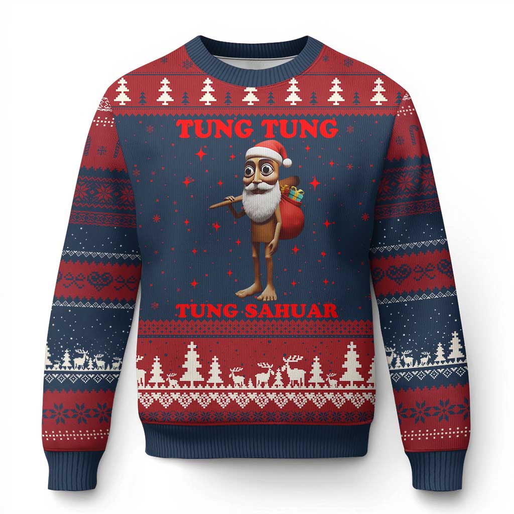 Funny Italian Brainrot Xmas Ugly Christmas Sweater Tung Tung Tung Sahur Meme TS14 Navy Red Print Your Wear