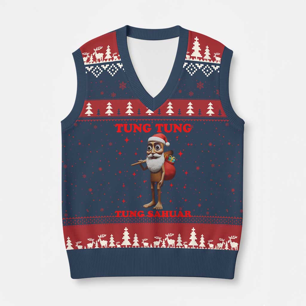 Funny Italian Brainrot Xmas V-Neck Knit Sweater Vest Tung Tung Tung Sahur Meme TS14 Navy Red Print Your Wear