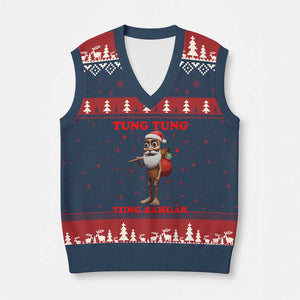 Funny Italian Brainrot Xmas V-Neck Knit Sweater Vest Tung Tung Tung Sahur Meme TS14 Navy Red Print Your Wear