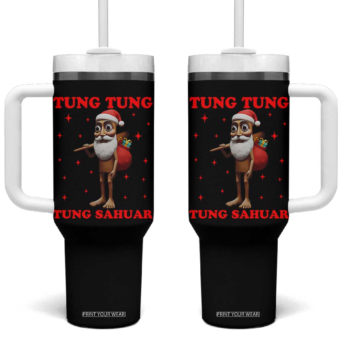 Funny Italian Brainrot Christmas Tumbler With Handle Tung Tung Tung Sahur Meme TS14 One Size: 40 oz Black Print Your Wear