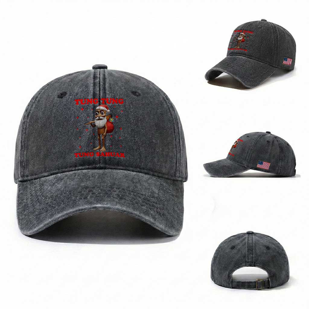 Funny Italian Brainrot Christmas Washed Cotton Baseball Cap Tung Tung Tung Sahur Meme TS14 Washed Cap Universal Fit Dark Gray Print Your Wear