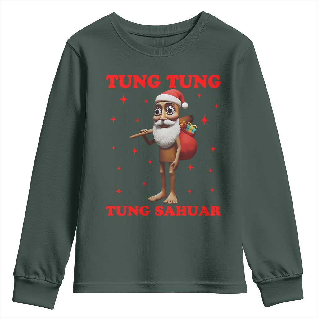 Funny Italian Brainrot Christmas Youth Sweatshirt Tung Tung Tung Sahur Meme TS14 Dark Forest Green Print Your Wear