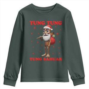 Funny Italian Brainrot Christmas Youth Sweatshirt Tung Tung Tung Sahur Meme TS14 Dark Forest Green Print Your Wear
