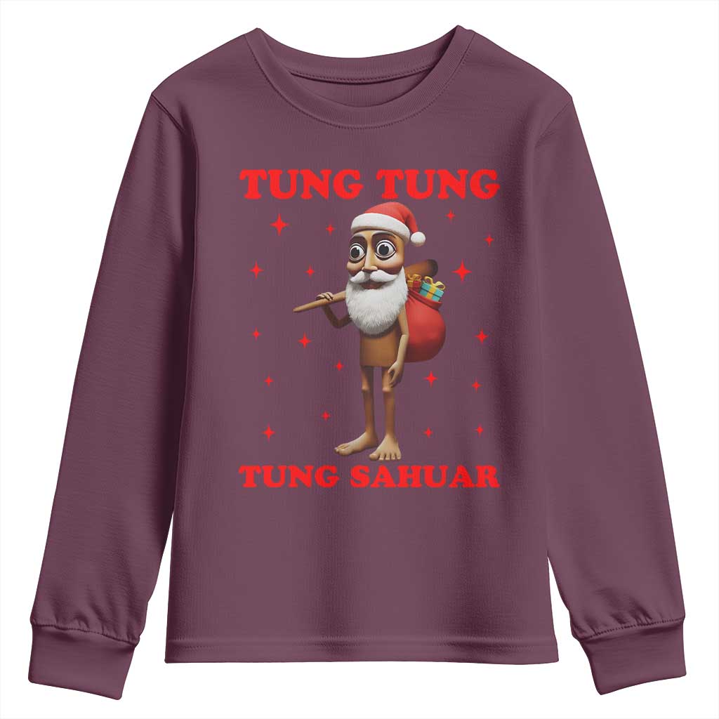 Funny Italian Brainrot Christmas Youth Sweatshirt Tung Tung Tung Sahur Meme TS14 Maroon Print Your Wear