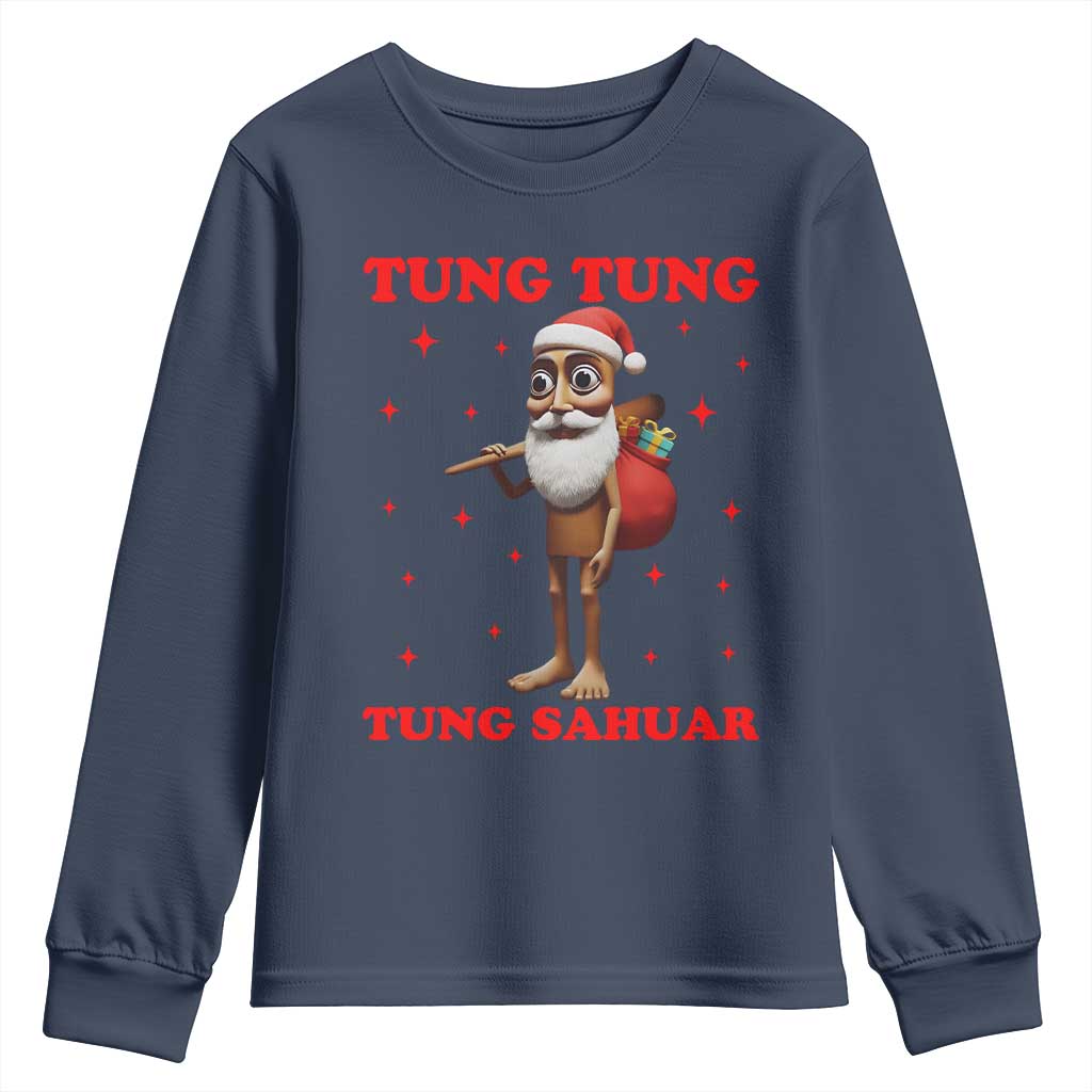 Funny Italian Brainrot Christmas Youth Sweatshirt Tung Tung Tung Sahur Meme TS14 Navy Print Your Wear