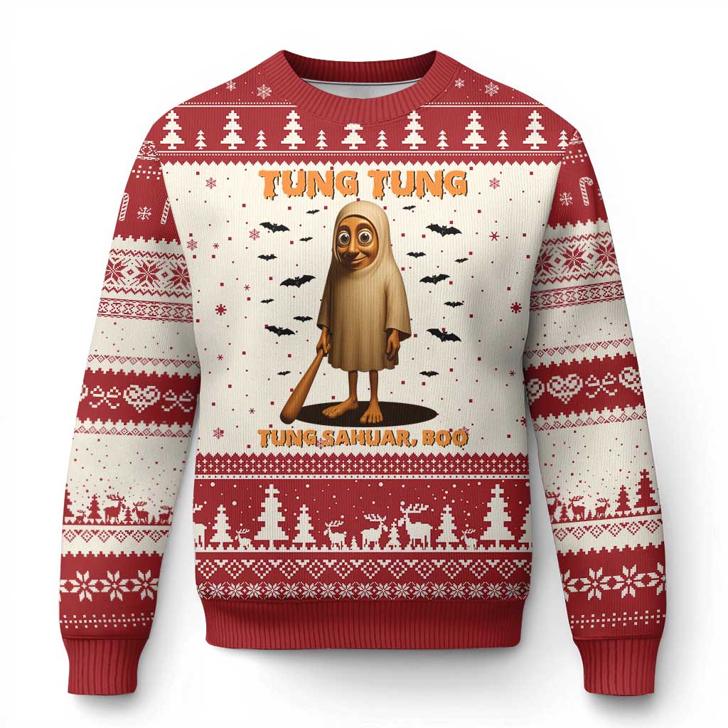 Funny Italian Brainrot Halloween Ugly Christmas Sweater Tung Tung Tung Sahur Meme TS14 Beige Red Print Your Wear