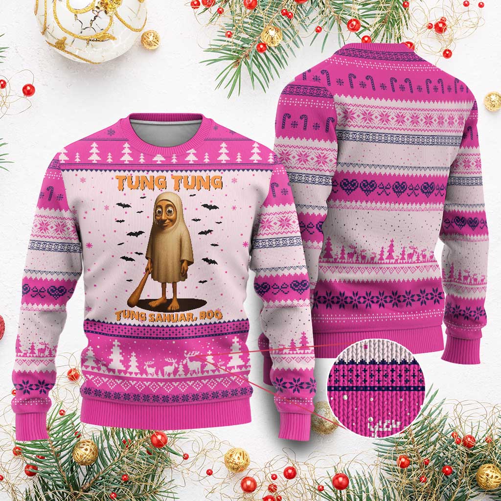 Funny Italian Brainrot Halloween Ugly Christmas Sweater Tung Tung Tung Sahur Meme TS14 Hot Pink Print Your Wear