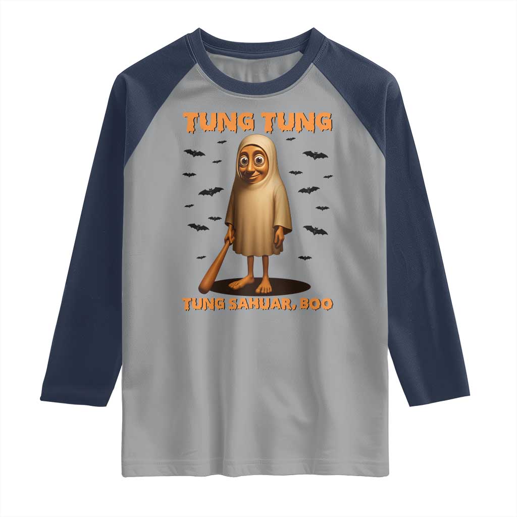 Funny Italian Brainrot Halloween Raglan Shirt Tung Tung Tung Sahur Meme TS14 Sport Gray Navy Print Your Wear