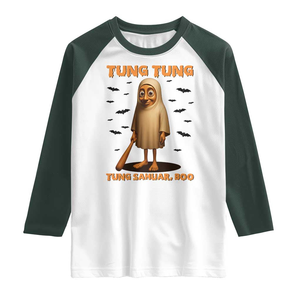Funny Italian Brainrot Halloween Raglan Shirt Tung Tung Tung Sahur Meme TS14 White Dark Forest Green Print Your Wear