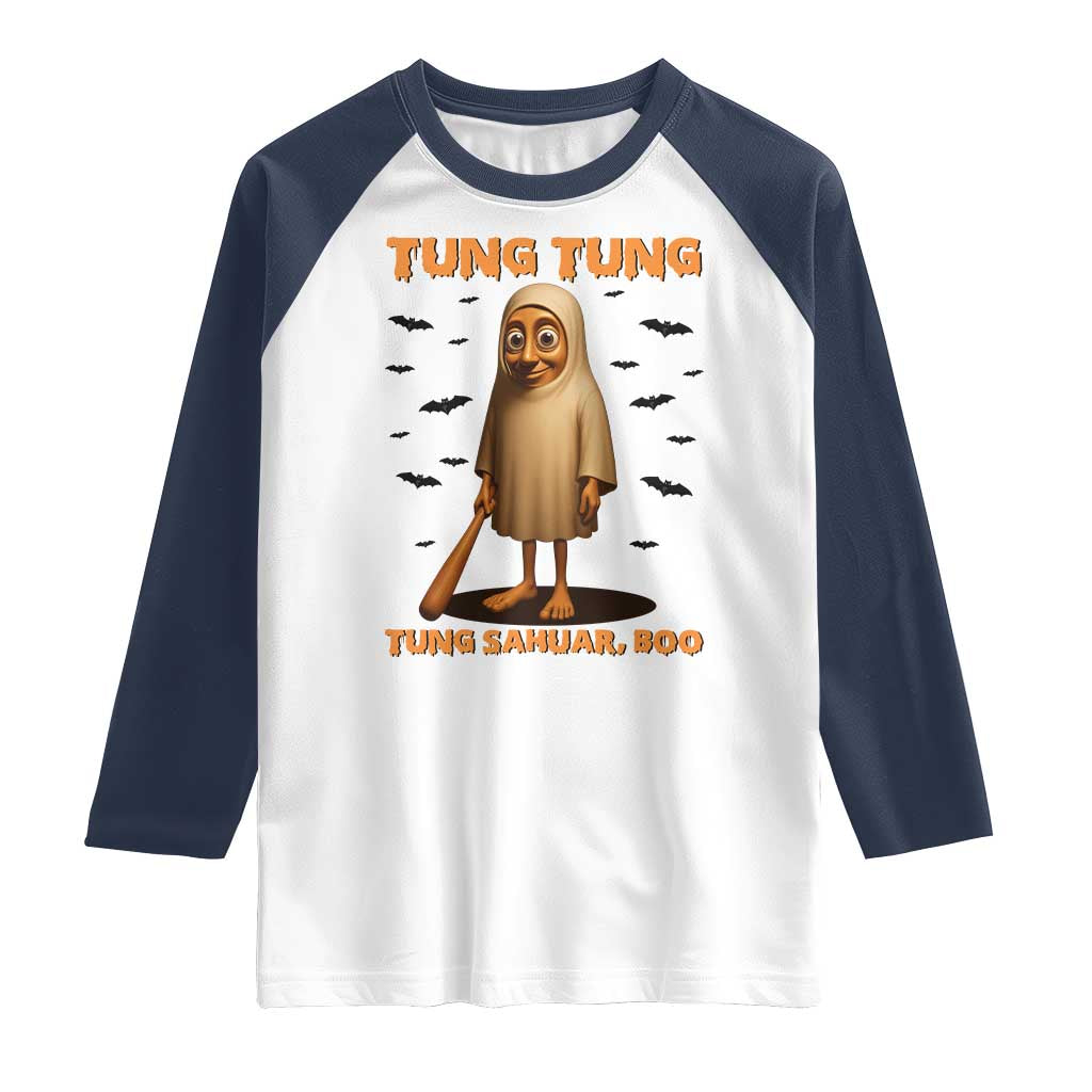 Funny Italian Brainrot Halloween Raglan Shirt Tung Tung Tung Sahur Meme TS14 White Navy Print Your Wear