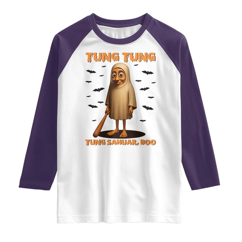 Funny Italian Brainrot Halloween Raglan Shirt Tung Tung Tung Sahur Meme TS14 White Purple Print Your Wear